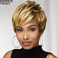 A wealth of defined, texture rich layers give this short, chic pixie wig a thoroughly modern look with a fabulously fresh vibe. Longer, piecey layers on top seamlessly transition to angled, asymmetrical bangs that dramatically sweep to the side, creating an edgy, face flattering shape youll love. Easy care synthetic fibers hold the style with minimum upkeep. Permalift and Permatease technologies offer volume and fullness without adding extra weight. Extended neck allows more coverage of the nape of the neck so you can easily tuck away any stray hairs underneath. Yaki texture adds visual interest and depth to the color. Length: 3 5 Front; 3 4 Top; 3 4 Crown; 2. 25 2. 75 Sides; 2. 25 2. 75 Upper Back; 1. 75 Nape. Weight: 3 oz.